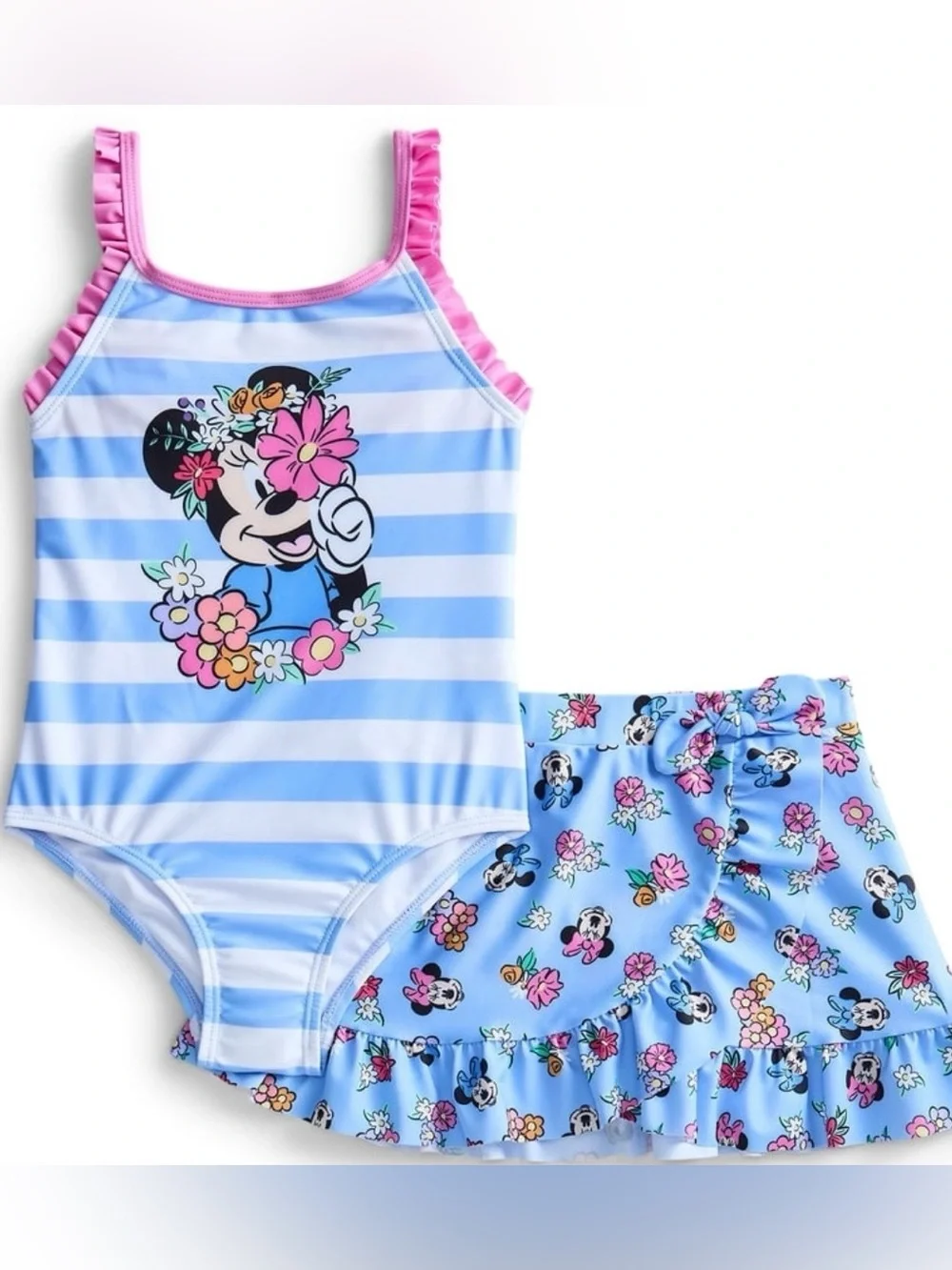 BRAND NEW Disney Minnie Mouse Blue Floral Stripe Toddler' Swimsuit Set 18 Months